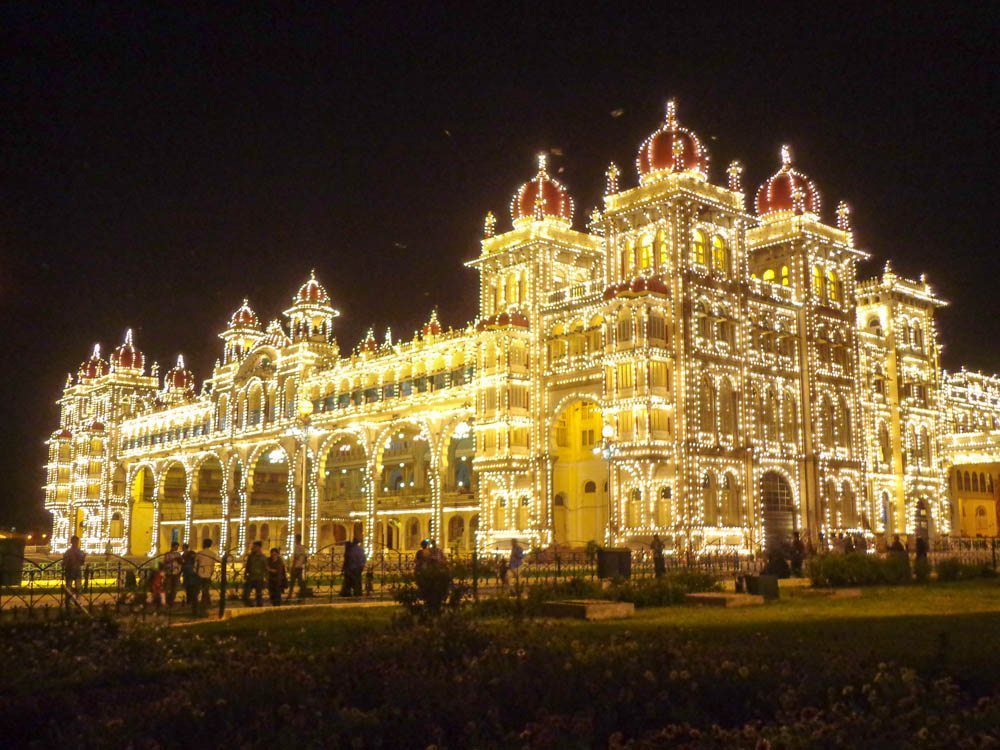 The opulent Mysore Palace illuminated at night