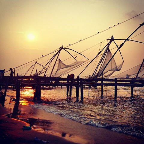 Sunset at the Chinese fishing nets in Fort Cochin