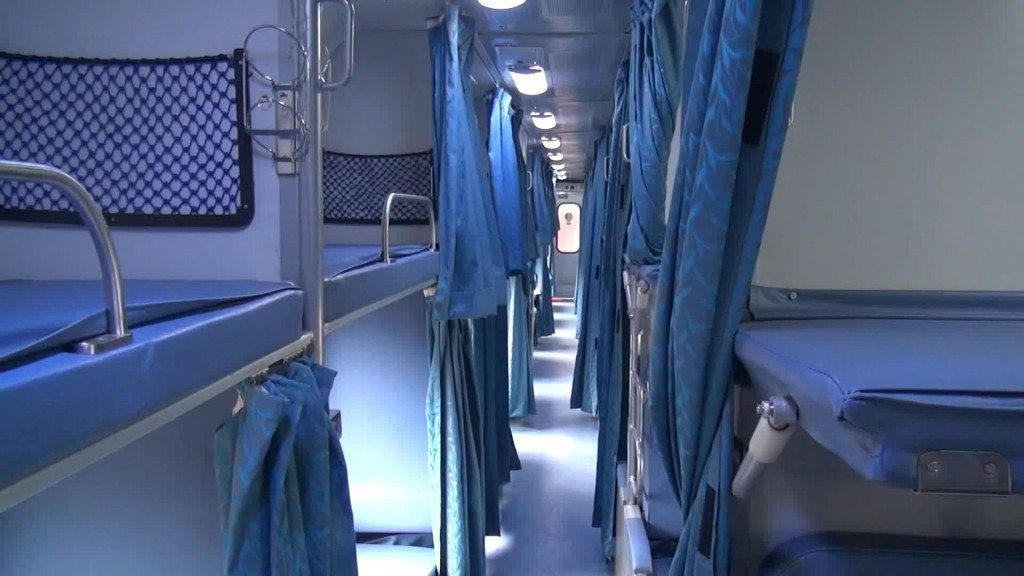 An AC 2 Tier train carriage on Indian railways (this is brand new carriage usually they are bit dirtier and scruffier than this.