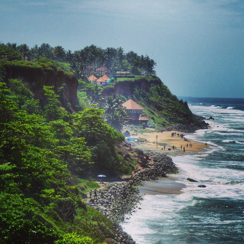 Looking down from the cliff to the Janardhana Temple on the Varkala beach.