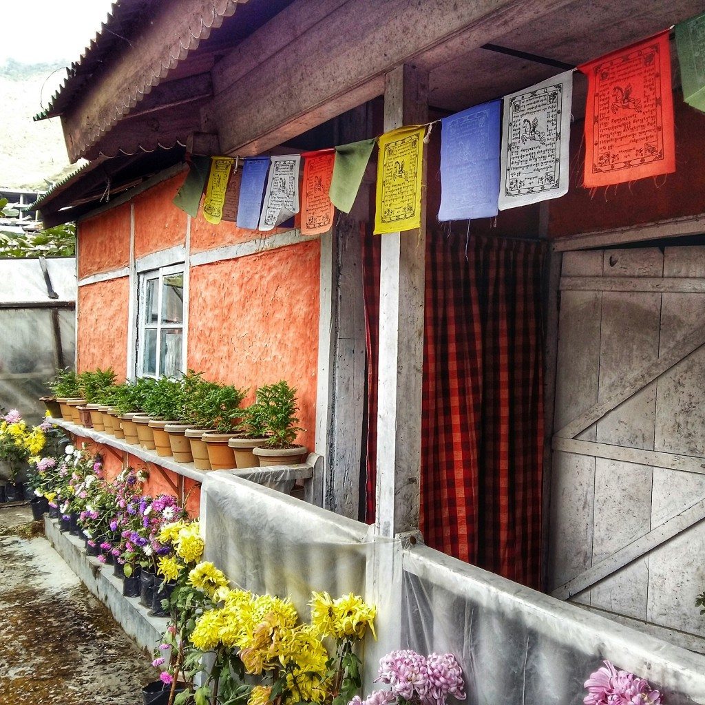 tradtional monpa house with tibetan prayer flags in Bombila, Arunachal Pradesh