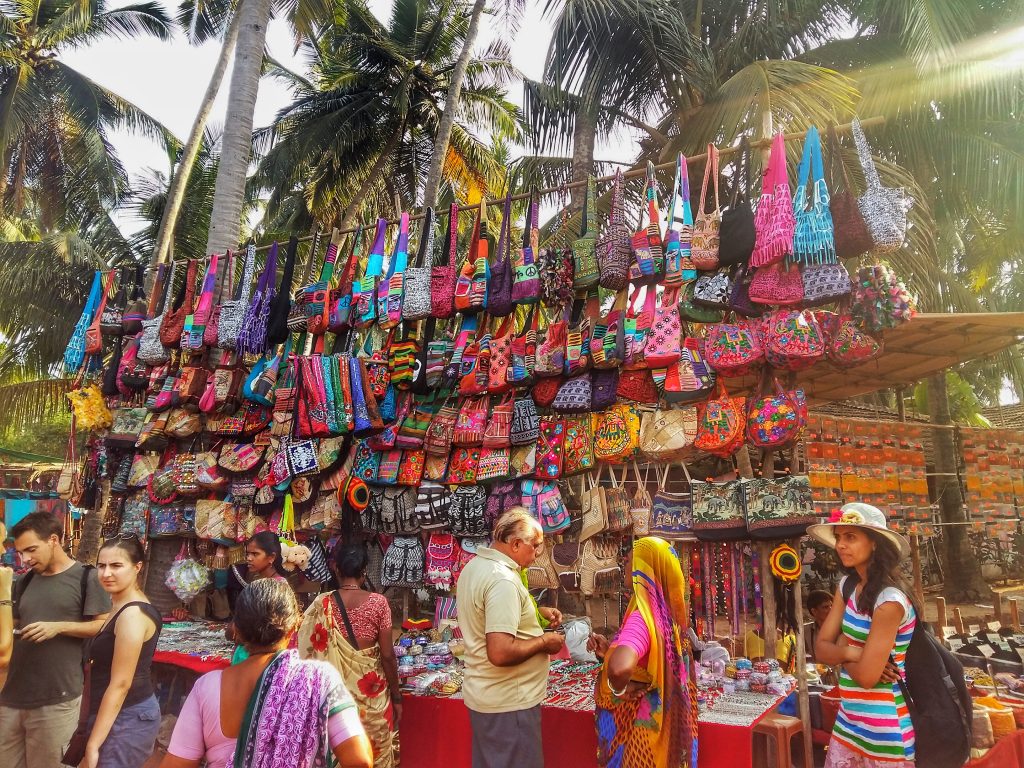 Colourful stalls at Anjuna Flea Market in Goa, India