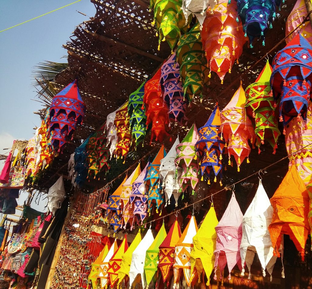 Colourful stalls at Anjuna Flea Market in Goa, India