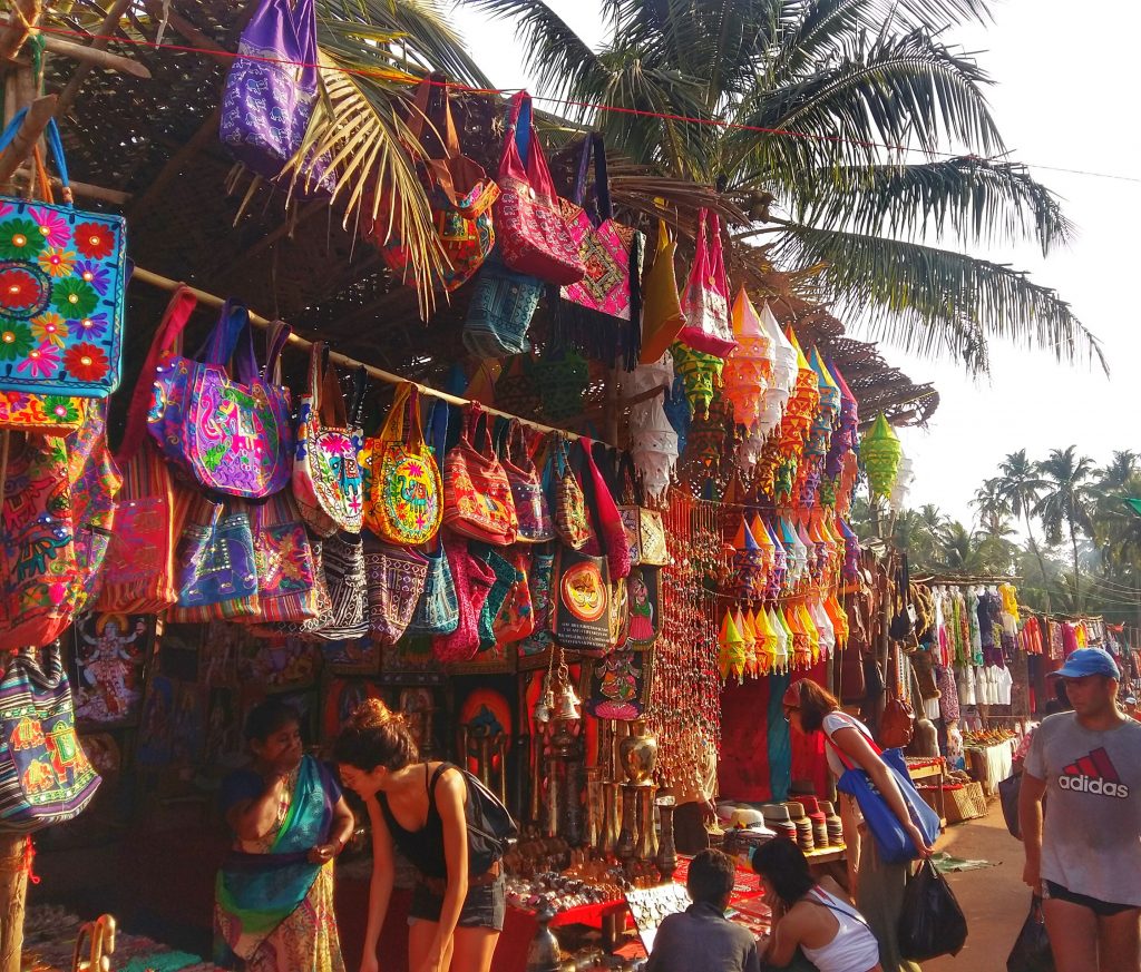 Colourful stalls at Anjuna Flea Market in Goa, India