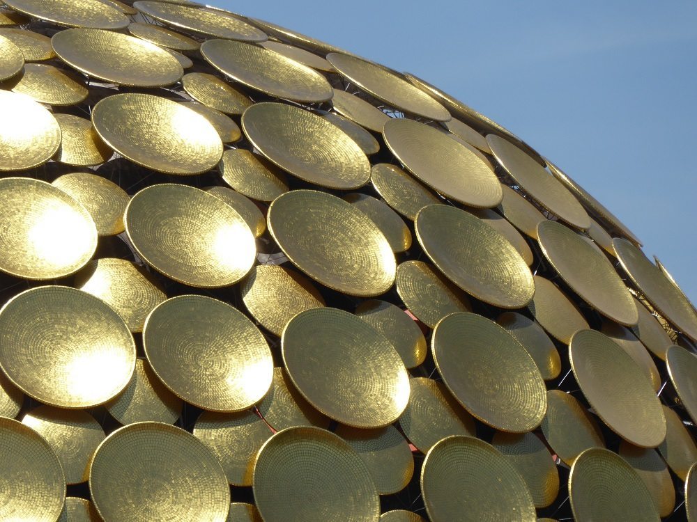Close up of the golden Matrimandir at Auroville
