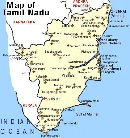 Map of places to visit in Tamil Nadu