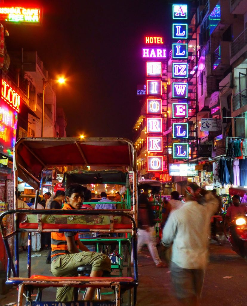 Streets at night time in Paharaganj, Delhi, India