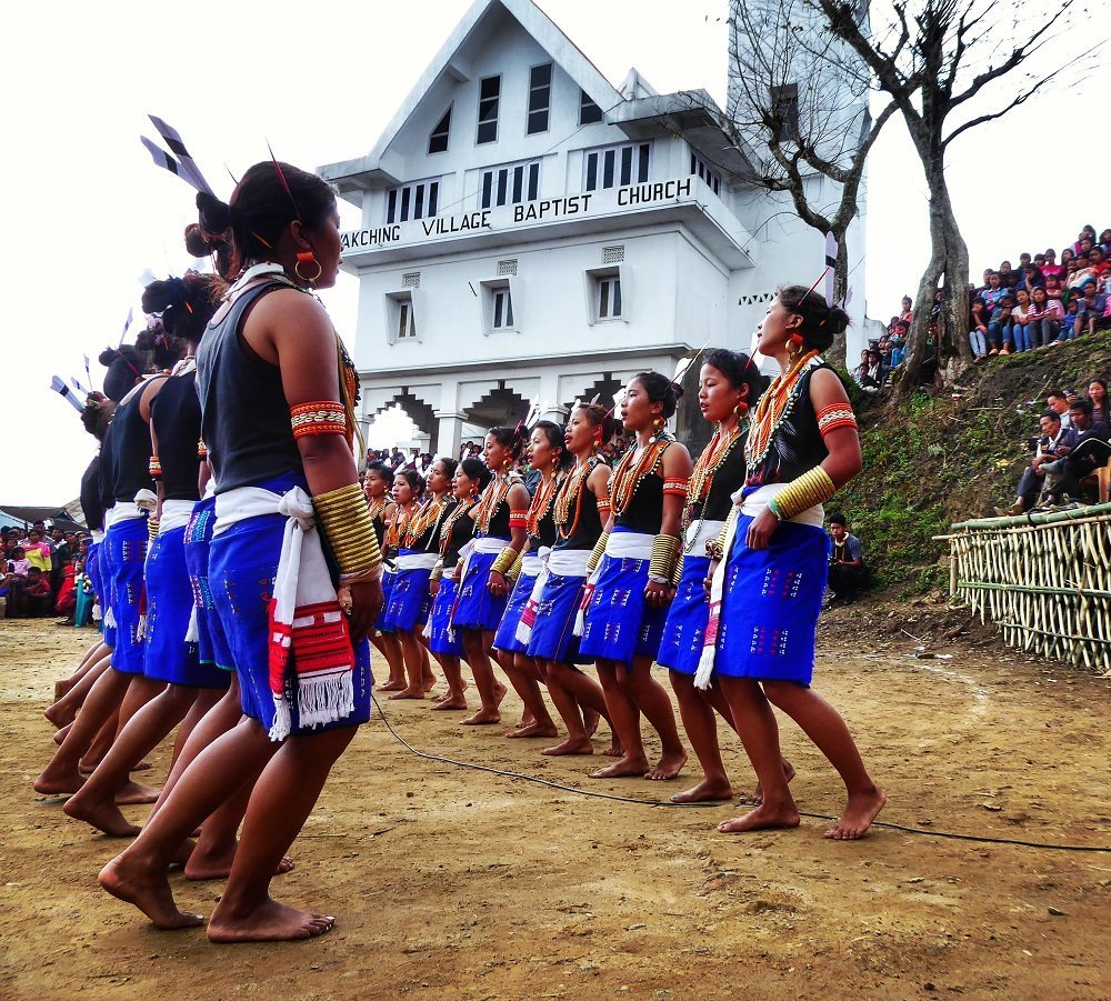 Tribal dancing for the Aoling festival in Wakching village in Nagaland