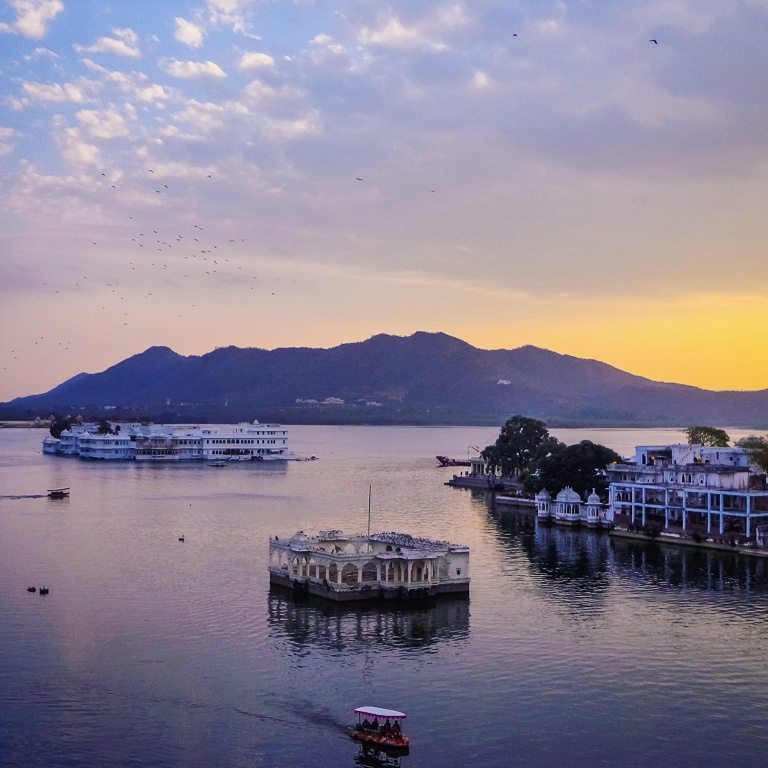 Sunset over the Lake palaces in Udaipur, Rajasthan, India