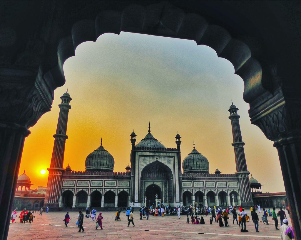 The magestic Jama Masjid in New Delhi at sunset