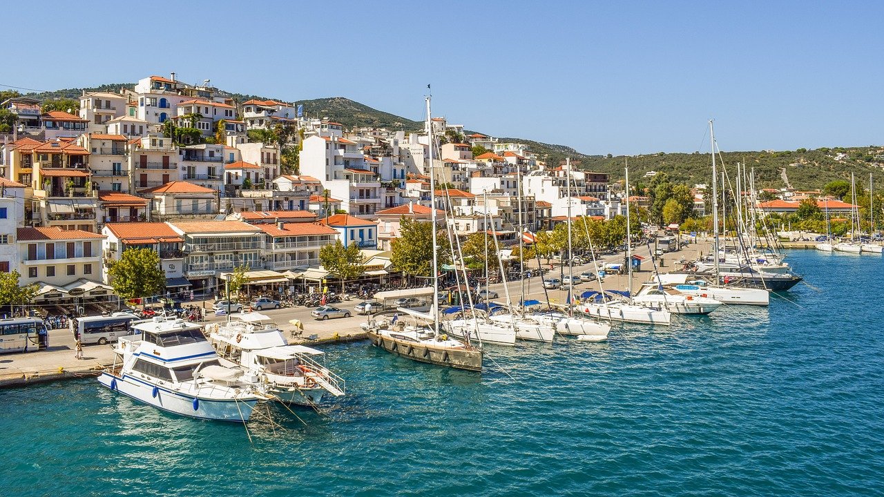 ariel view skiathos town and harbour