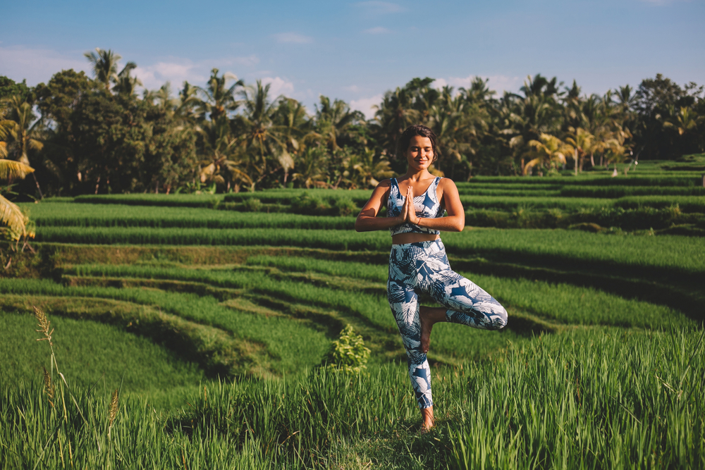 bali ubud rice terraces yoga pose