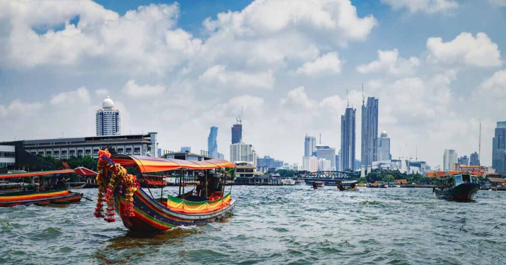 longtail boat on the river in bangkok thailand