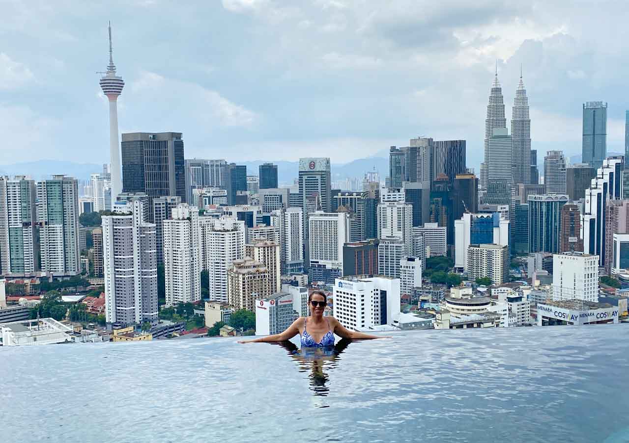 Anna in the infinity pool at the hotel in Kuala Lumpur, Malaysia