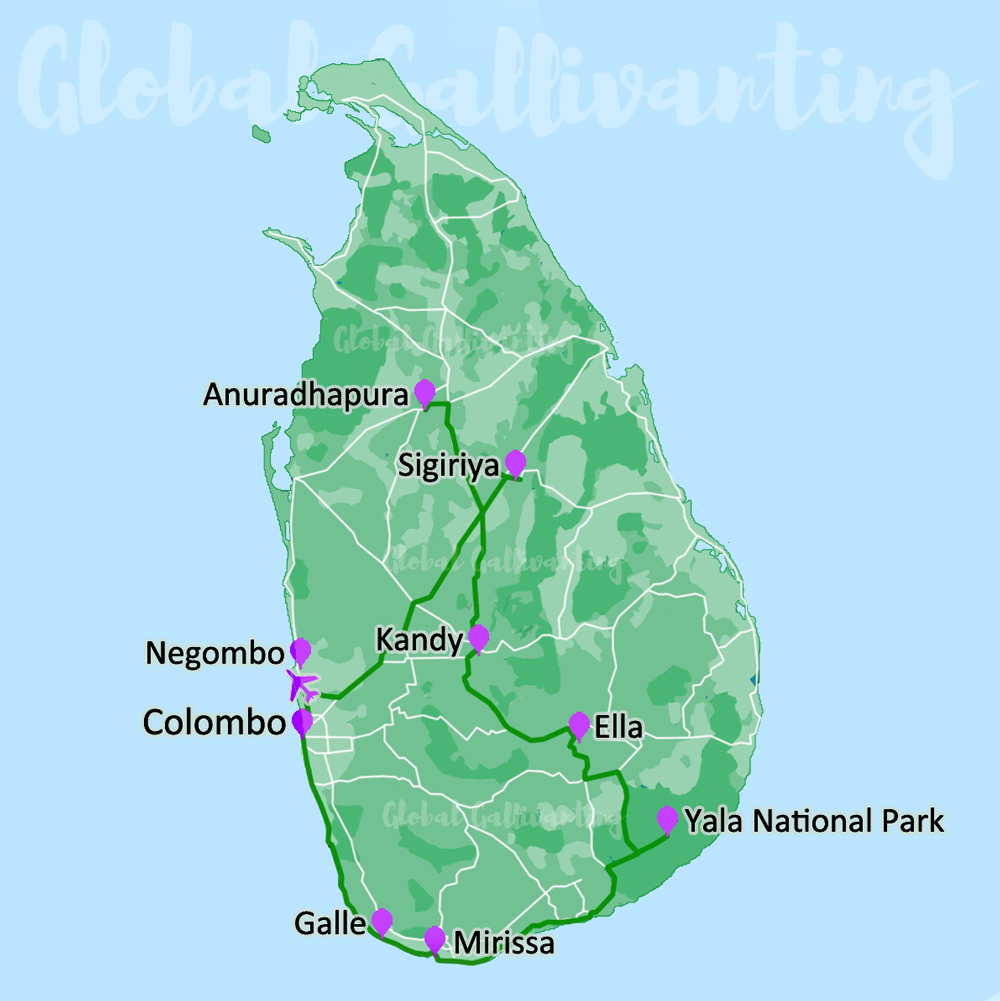 sri lanka travel itinerary route map