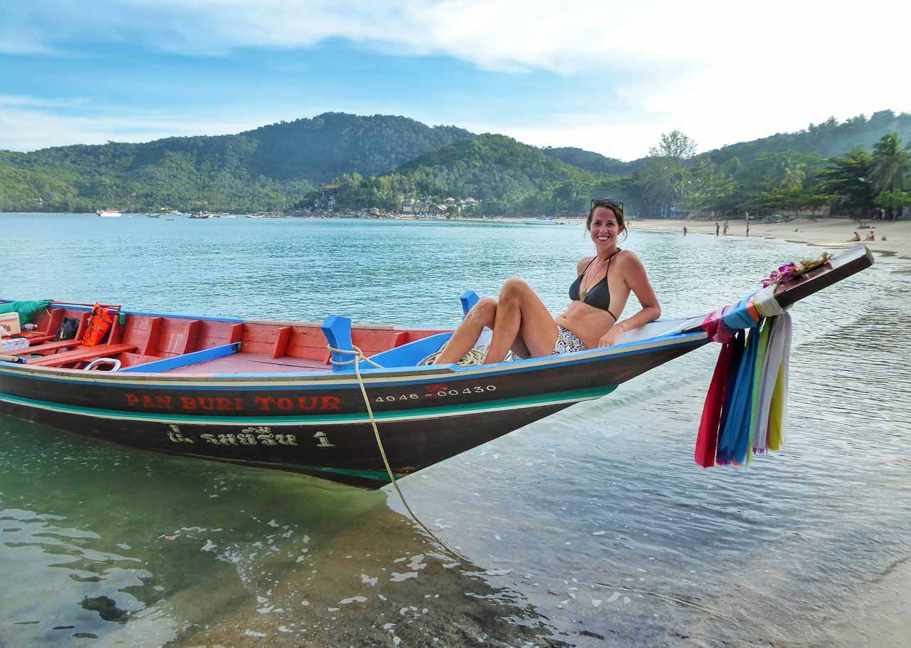Anna on a long tail boat in Koh Phangan