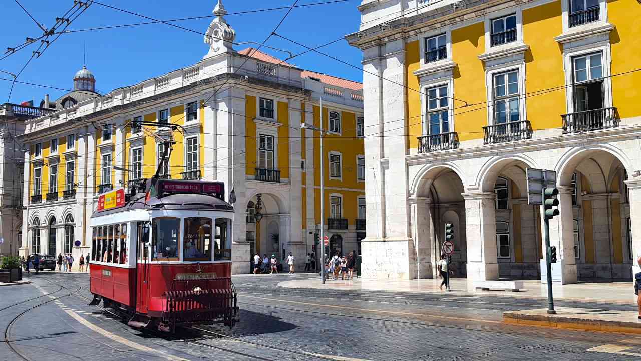 Red tram in Lisbon, Portugal
